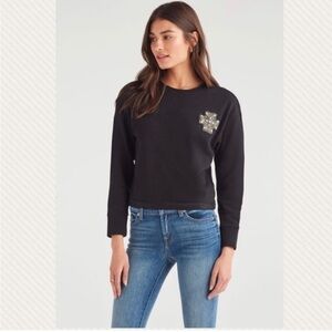 7 For All Mankind French Terry Embellished Brooch Sweatshirt Jet Black Medium